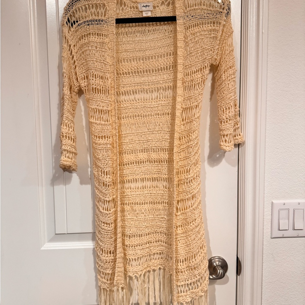 Daytrip Cream Fringe Open-Knit Cardigan
